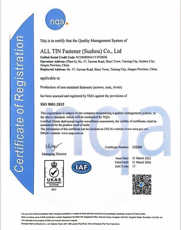 ISO 9001: Manufacturing of non-standard fasteners